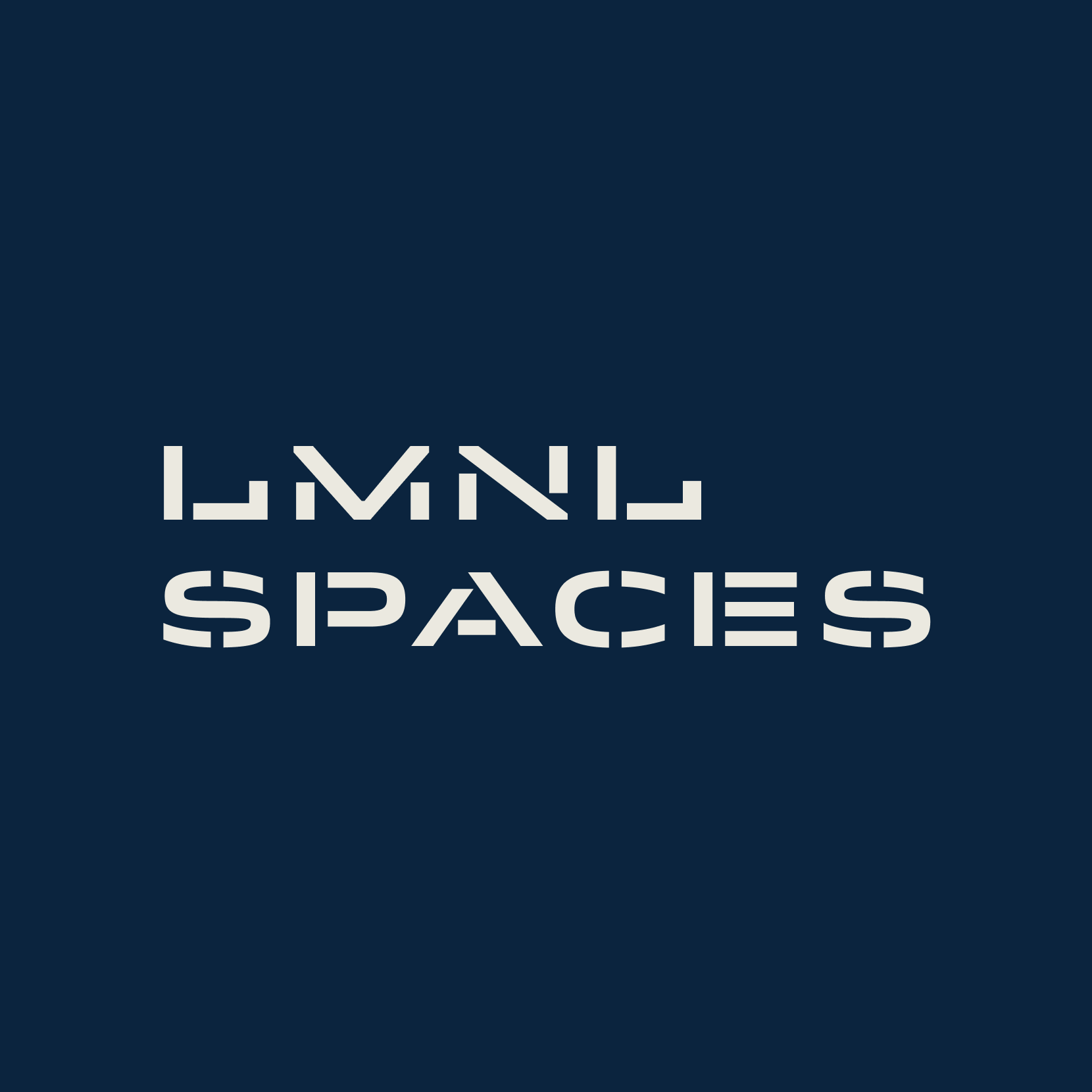 LMNL Spaces stencil-style wordmark on a dark navy field
