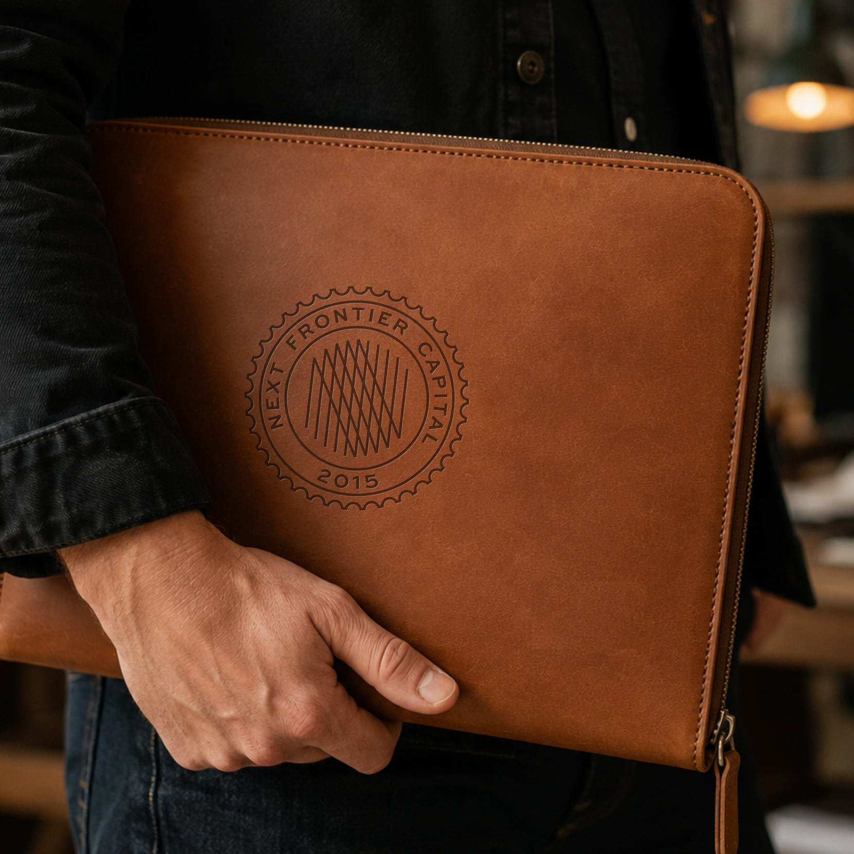 Leather portfolio embossed with the Next Frontier Capital seal