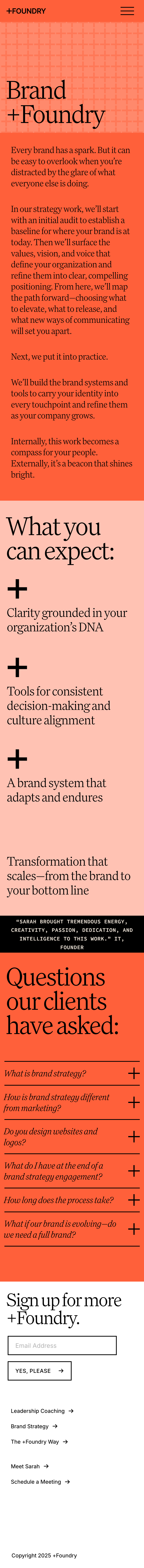 Brand +Foundry mobile page scrolling through the site